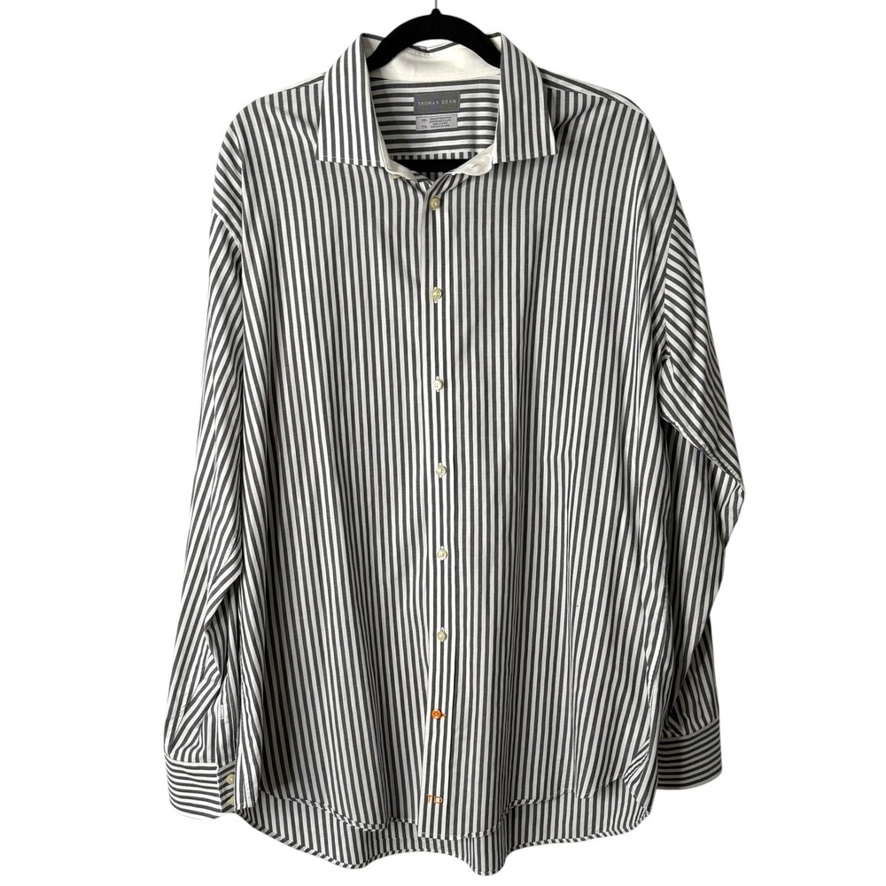 Thomas Dean Mens XXL‎ Button Up Shirt Gray White Striped Cotton Long Sleeve